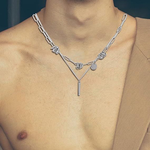 Aarvx Mens Dual Layer Charm Chain – Knot Accents, Bar & Disc Pendants
