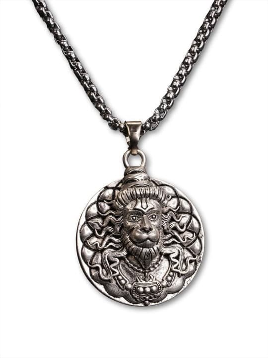 Aarvx Mens Hanuman Pendant Necklace – Antique Round Medallion, Silver-Toned Chain