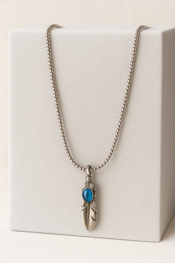 Aarvx Men's Feather Pendant Necklace – Unique Silver Design with Turquoise Stone