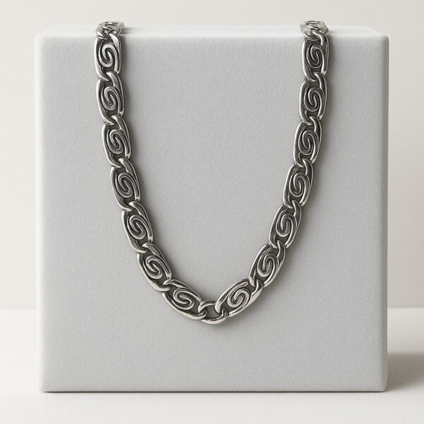 Aarvx Mens Block Link Chain Necklace – Geometric Swirl Pattern, Bold Fashion Fit