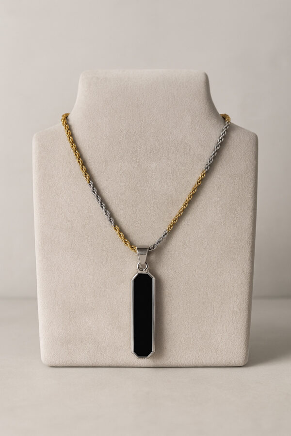 Aarvx Men’s Two-Tone Rope Chain Necklace with Long Black Vertical Pendant